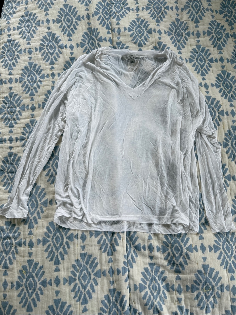 AllSaints White V-Neck Long Sleeve Top